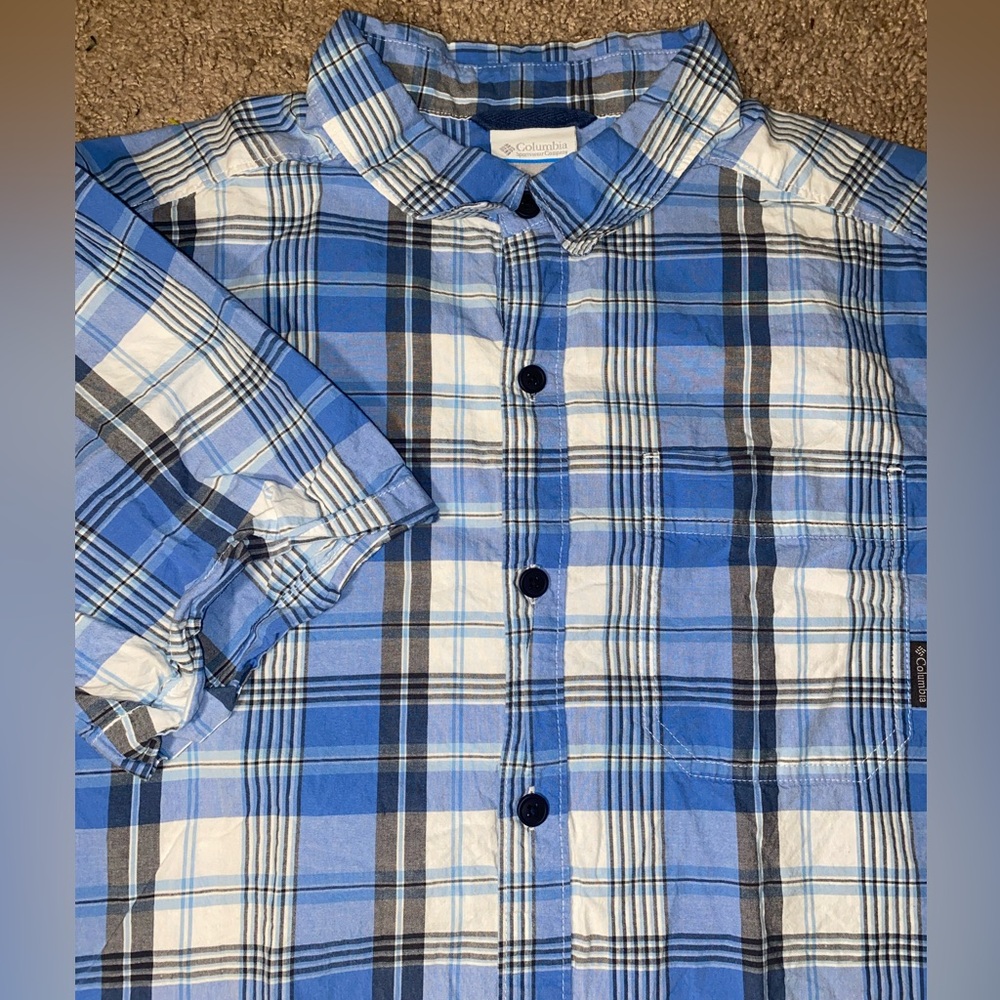 Columbia Work Plaid Button Up Down Mens Size M Blue Farm Ranch Outdoor Shirt